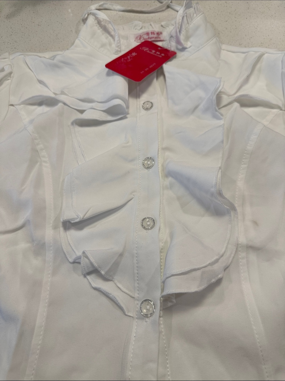 Women's White Ruffled High-Neck Button Front Top - Picture 4 of 6